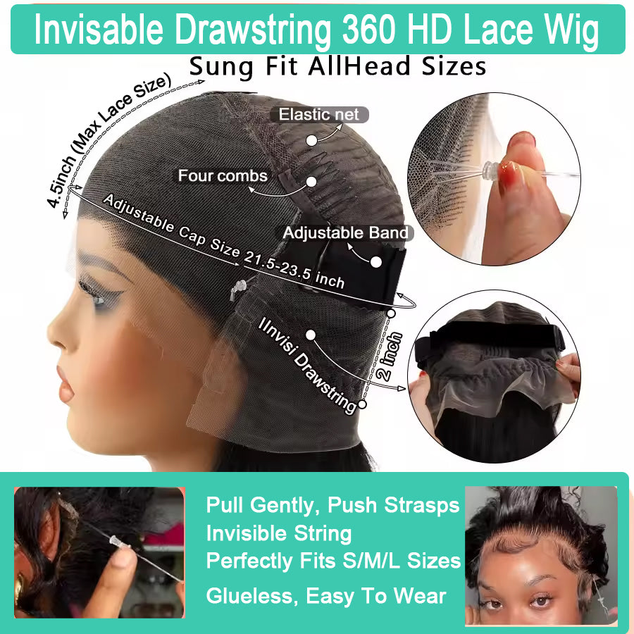 Glueless Invisible Strap 360 HD Lace Wig Straight Hair | Pre-Plucked Clean Hairline