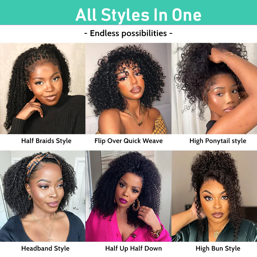 3-in-1 Flip Over Curly Half Wig | Glueless Human Hair | 180% & 250% Density