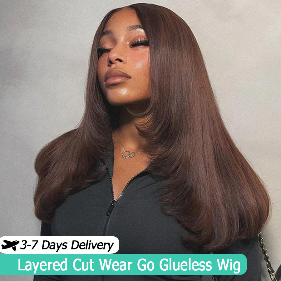 Chocolate Brown Layered Cut Wig | Glueless 5x5 6x6 HD Lace Closure Wig | Wear & Go Human Hair