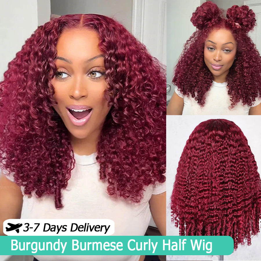 Burgundy Burmese Curly Half Wig | Flip Over Human Hair  Glueless