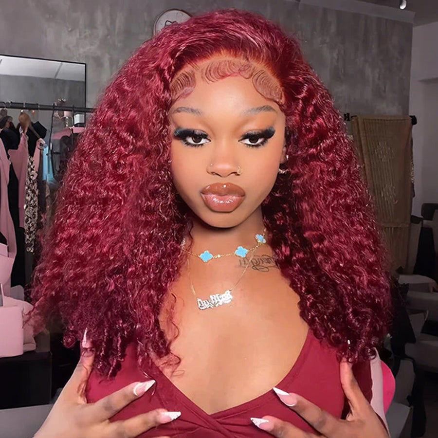 Burgundy Burmese Curly Half Wig | Flip Over Human Hair  Glueless