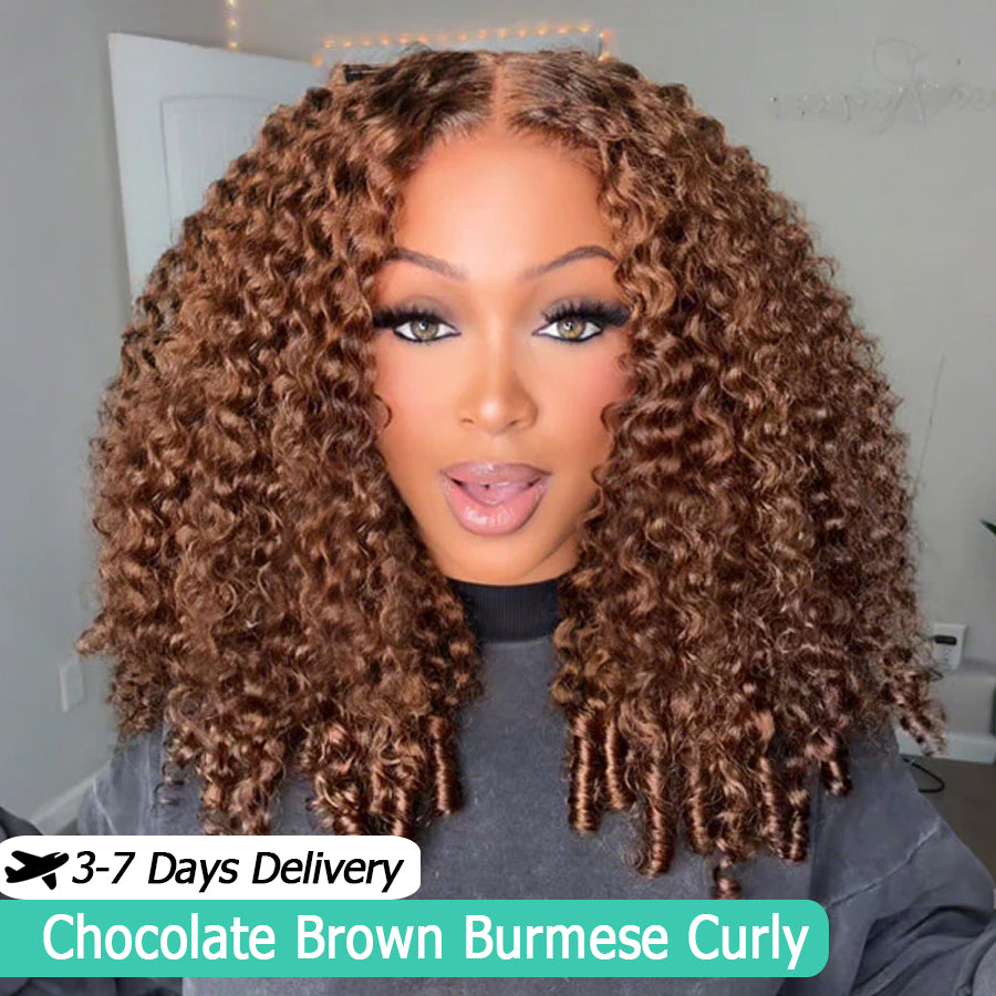 Chocolate Brown Burmese Curly HD Lace Wig | 5x5 & 6x6 Glueless Wear & Go Wig