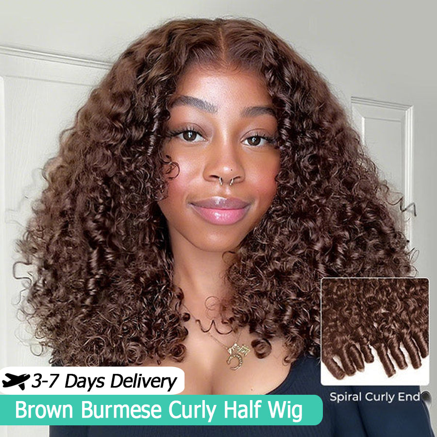 Chocolate Brown Burmese Curly Half Wig | Glueless Flip Over 3-in-1 Human Hair Wig