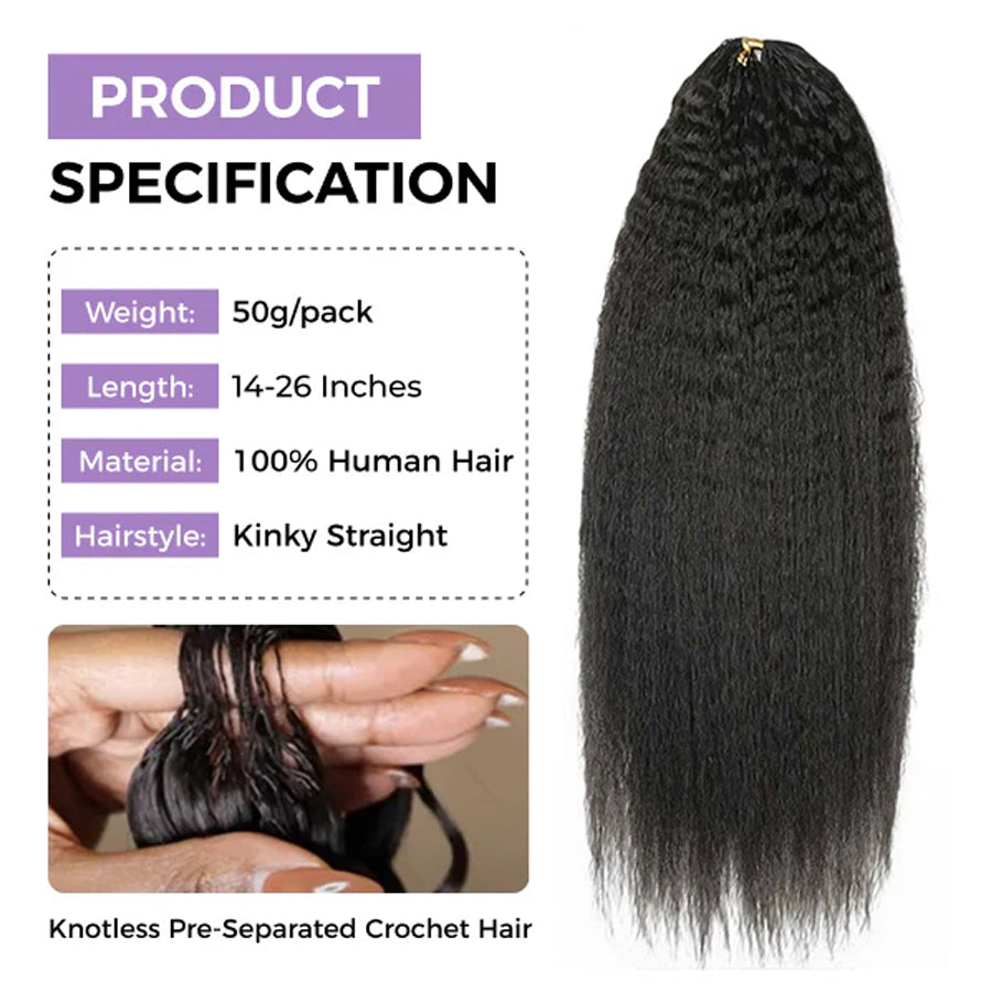 Kinky Straight Crochet Hair | 100% Human Hair | Knotless Miracle Knots